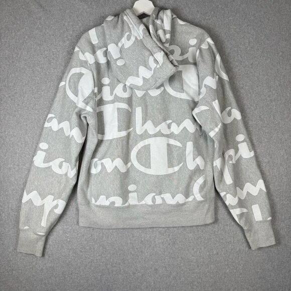 Champion Reverse Weave Mens Medium All Over Print Hoodie Sweatshirt Gray White - Picture 7 of 7